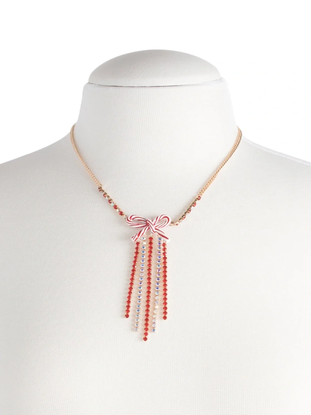Betsey Johnson Candy Cane Bow Rhinestone Tassel Necklace NWT